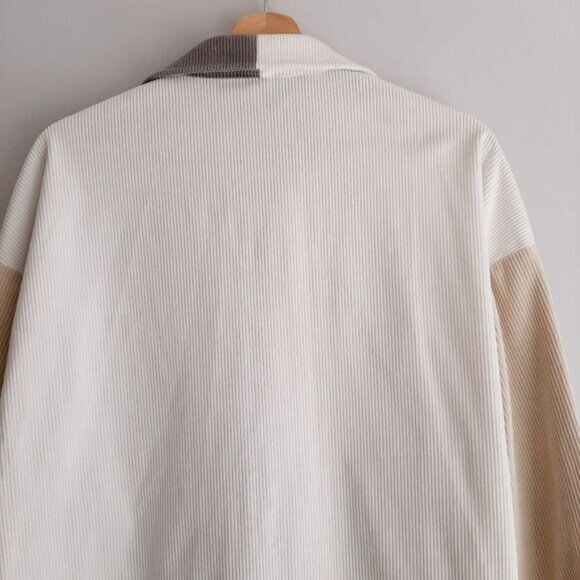 Colorblock Rib Corduroy Shacket Button Down Shirt Neutral White Gray Cream Sz L - Picture 8 of 12